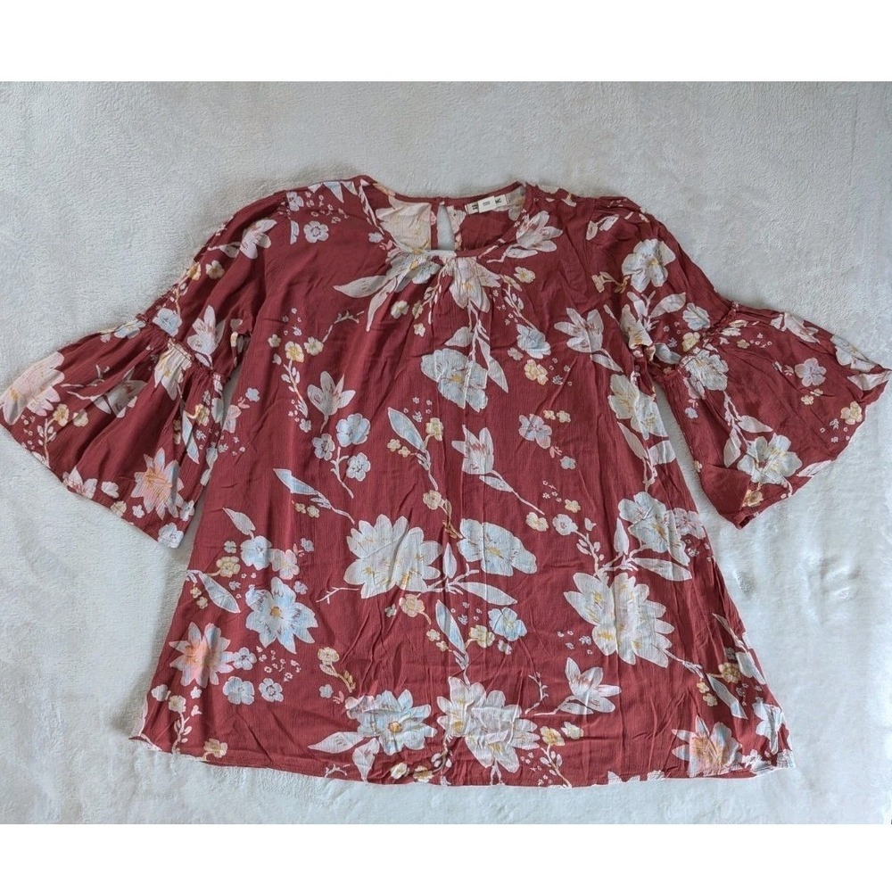 Billabong Blouse Top Mauve Floral Bell Sleeve Boho Top Sz L Feminine Casual